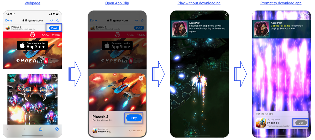 Firi Games' Phoenix 2 use an App Clip to let players try out the game in a tutorial-like level to boost app installs Example of Phoenix's 2 App Clip User Experience by Firi Games